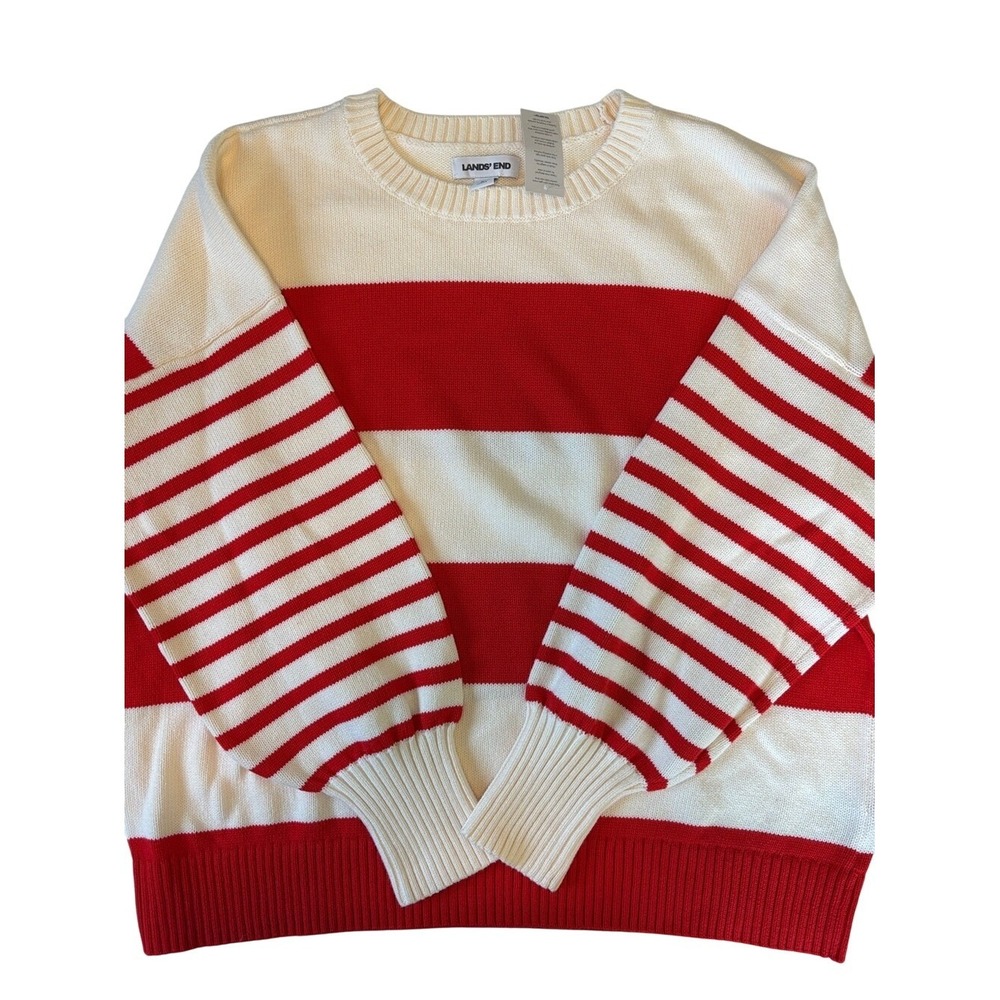 NEW Lands' End Drifter Sweater Red White Women XL Striped Cotton Crewneck